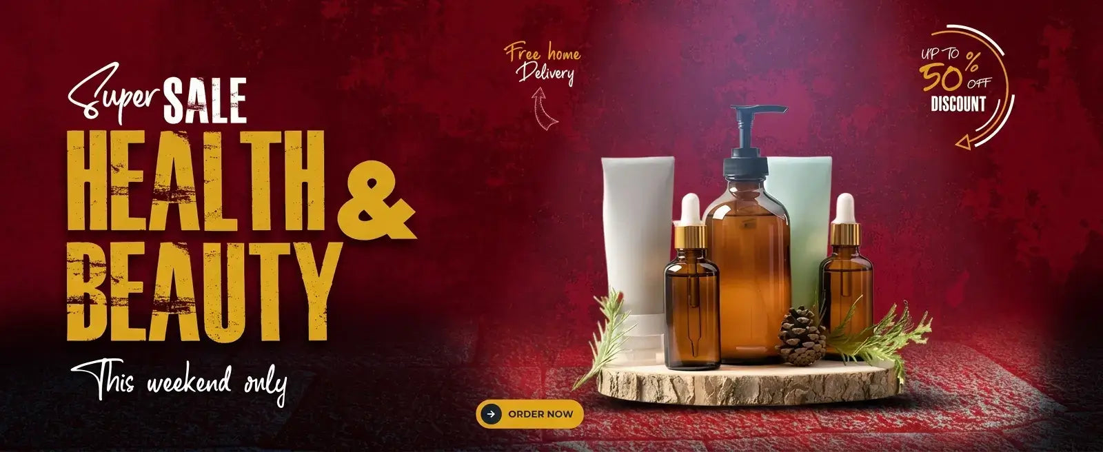 Health and beauty products on a wooden stand with a red background and promotional text.