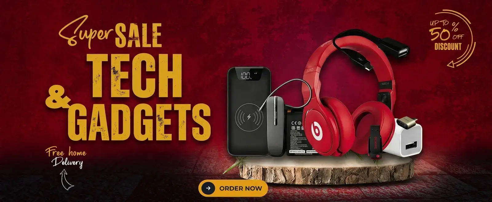Promotional banner for tech and gadgets sale with red headphones, phone, and other devices on a dark red background.