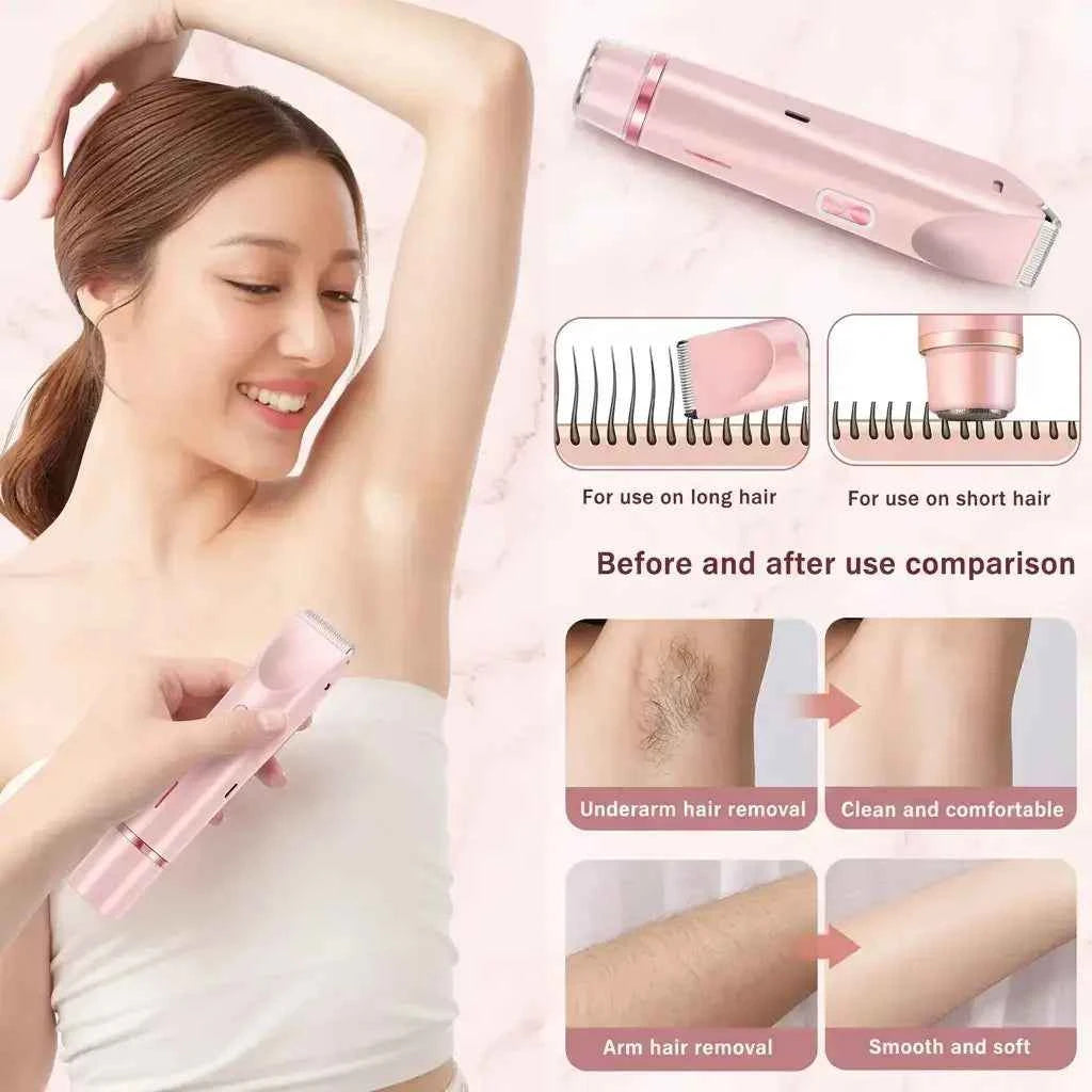 Before and after comparison of underarm and arm hair removal using pink electric trimmer, showing smooth clean skin results