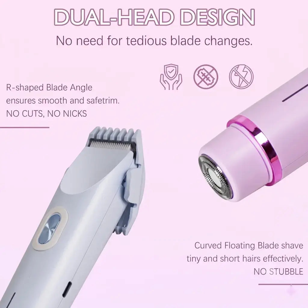 Close-up of dual-head design with R-shaped trimmer blade and curved floating rotary shaver head for safe, smooth trim