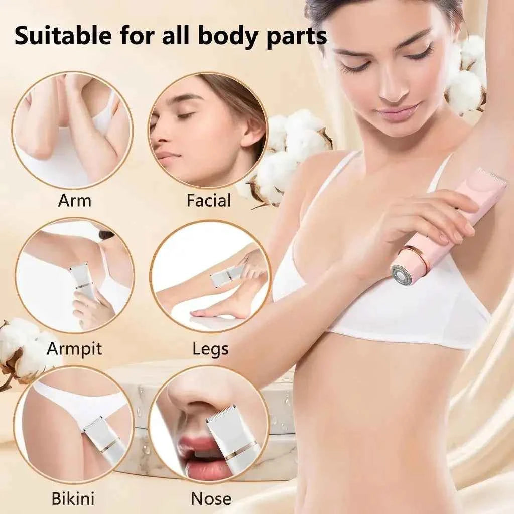 Woman using pink electric trimmer on underarm, with icons showing use on arm, face, armpit, legs, bikini line, and nose