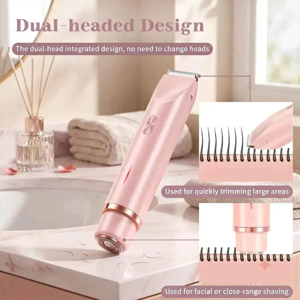 Pink dual-head electric shaver on bathroom countertop demonstrating trimmer head for large areas and rotary head for facial shaving