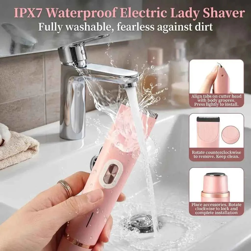 IPX7 waterproof electric lady shaver being rinsed under bathroom faucet, with step-by-step cutter head installation guide
