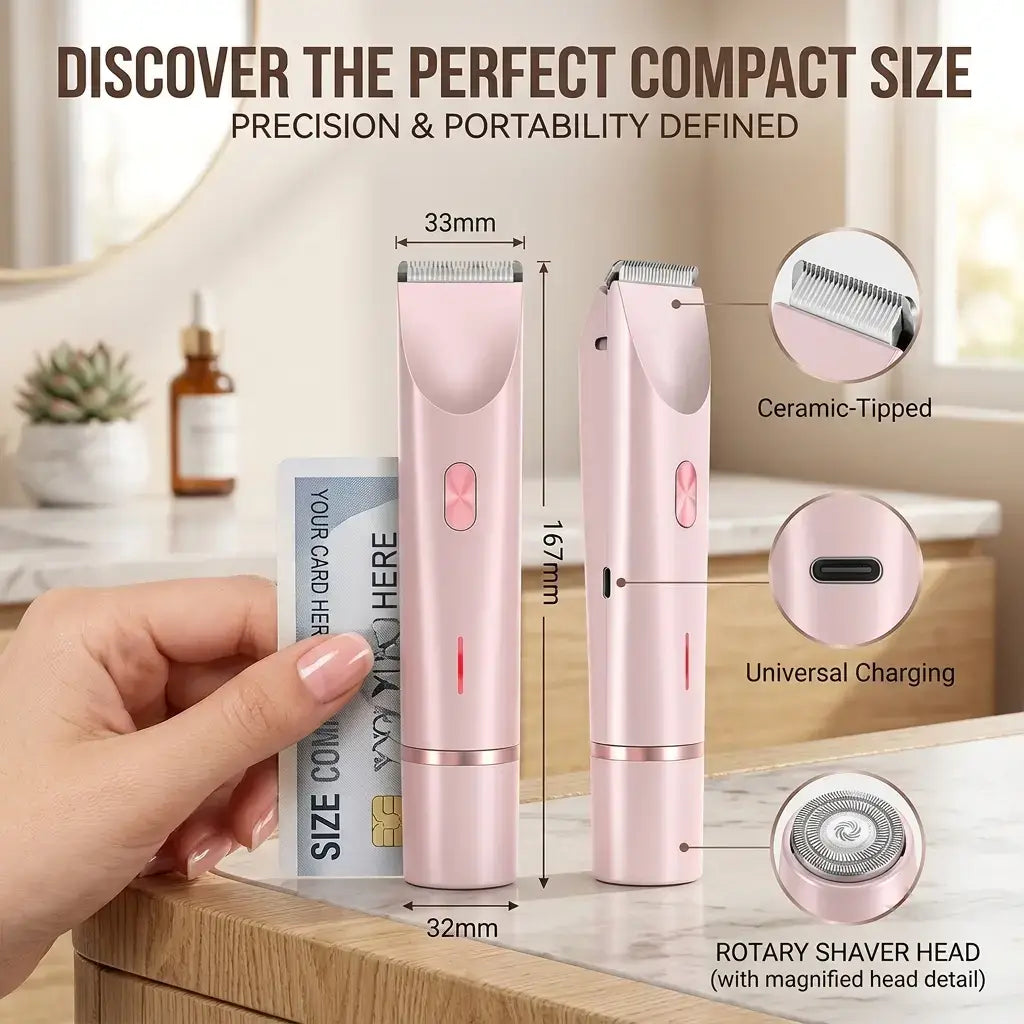 Compact pink lady shaver next to credit card for size comparison, showing 167mm length, ceramic-tipped blade, and USB-C charging port