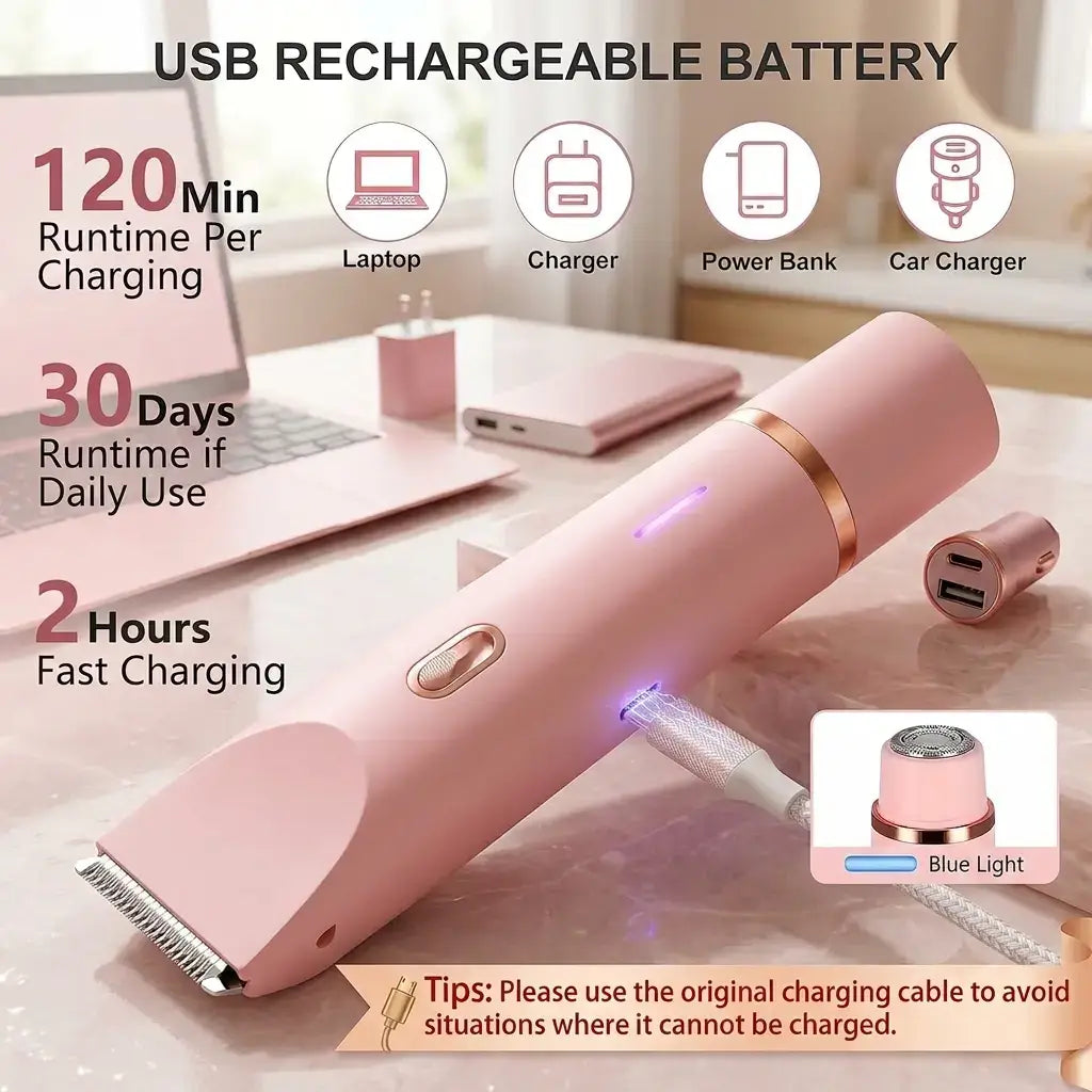 USB rechargeable women's electric shaver showing 120 min runtime, 30 days battery life, and 2 hour fast charging
