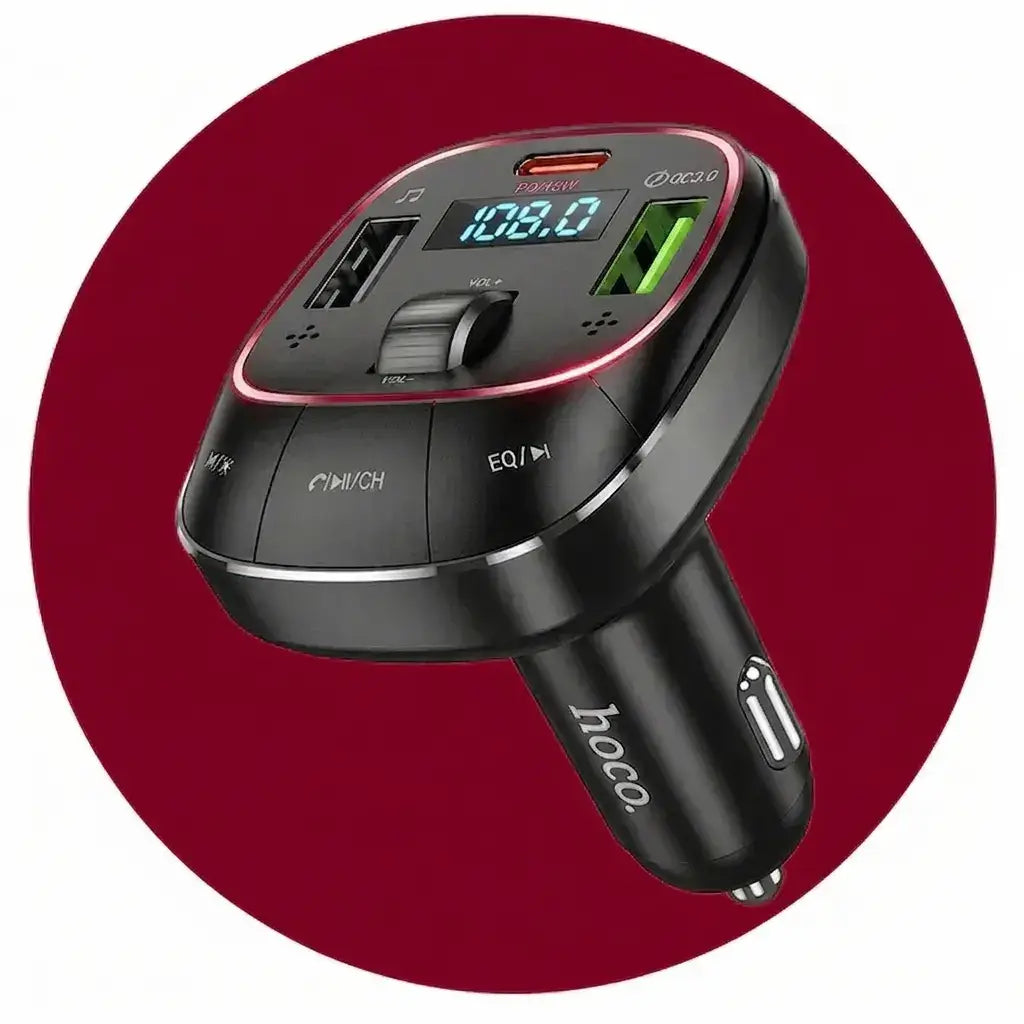 Black car charger with digital display on a red circular background