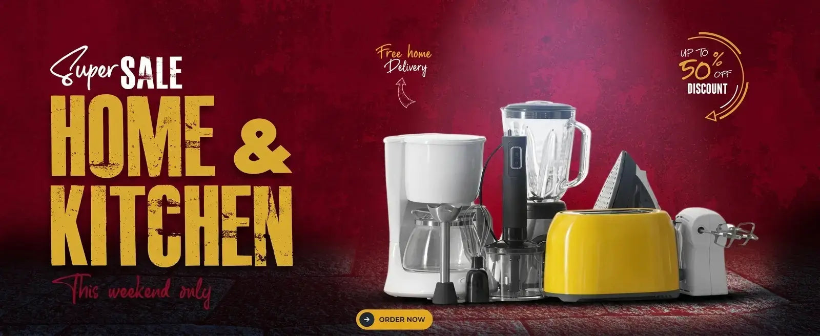 Promotional banner for home and kitchen sale with appliances on a red background