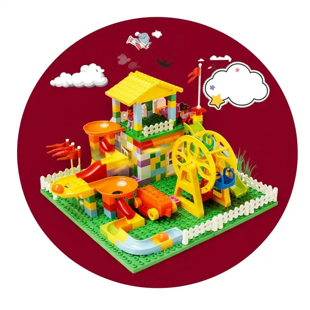 Colorful toy building set on a red background with cartoon elements