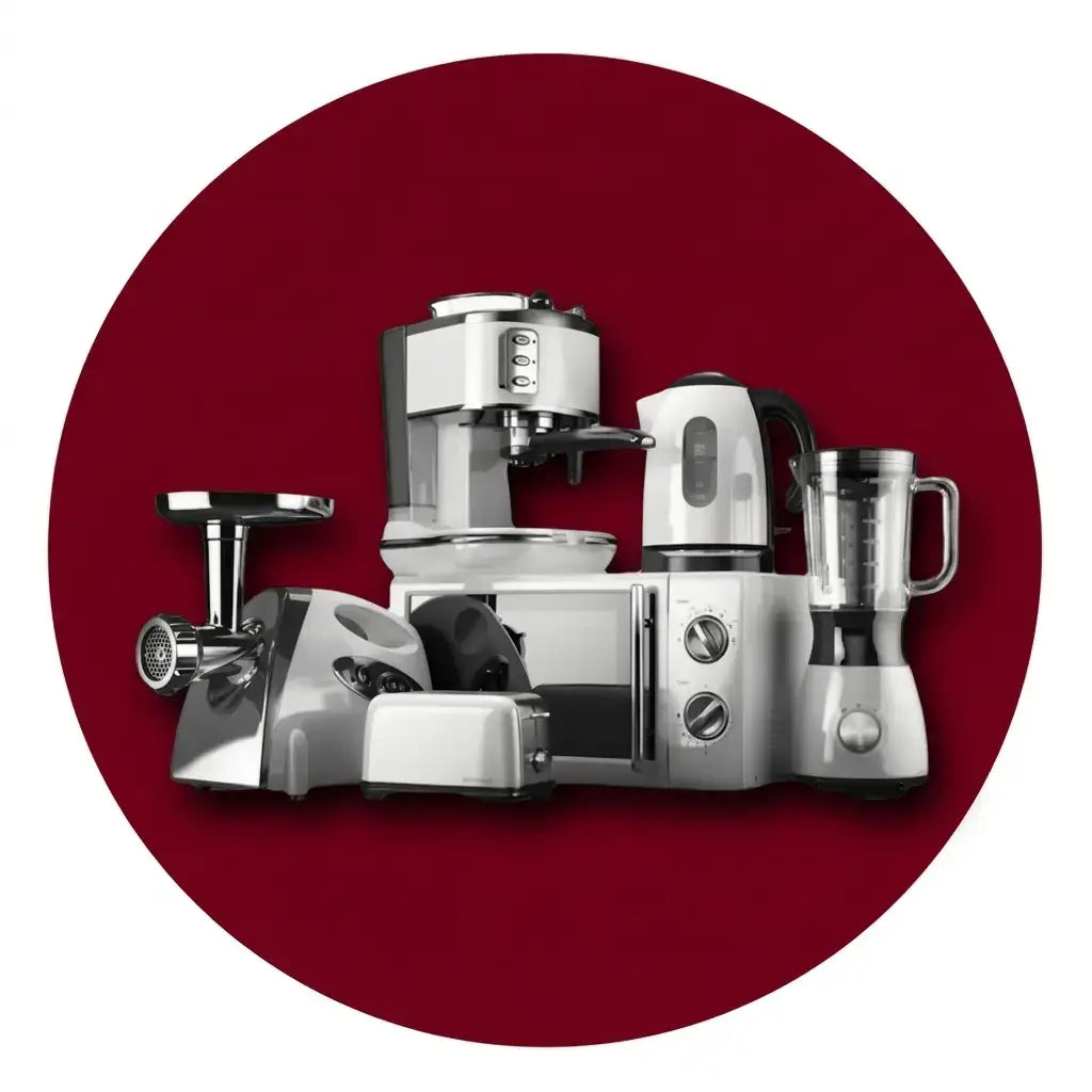 Set of kitchen appliances including a coffee maker, blender, and meat grinder on a red background