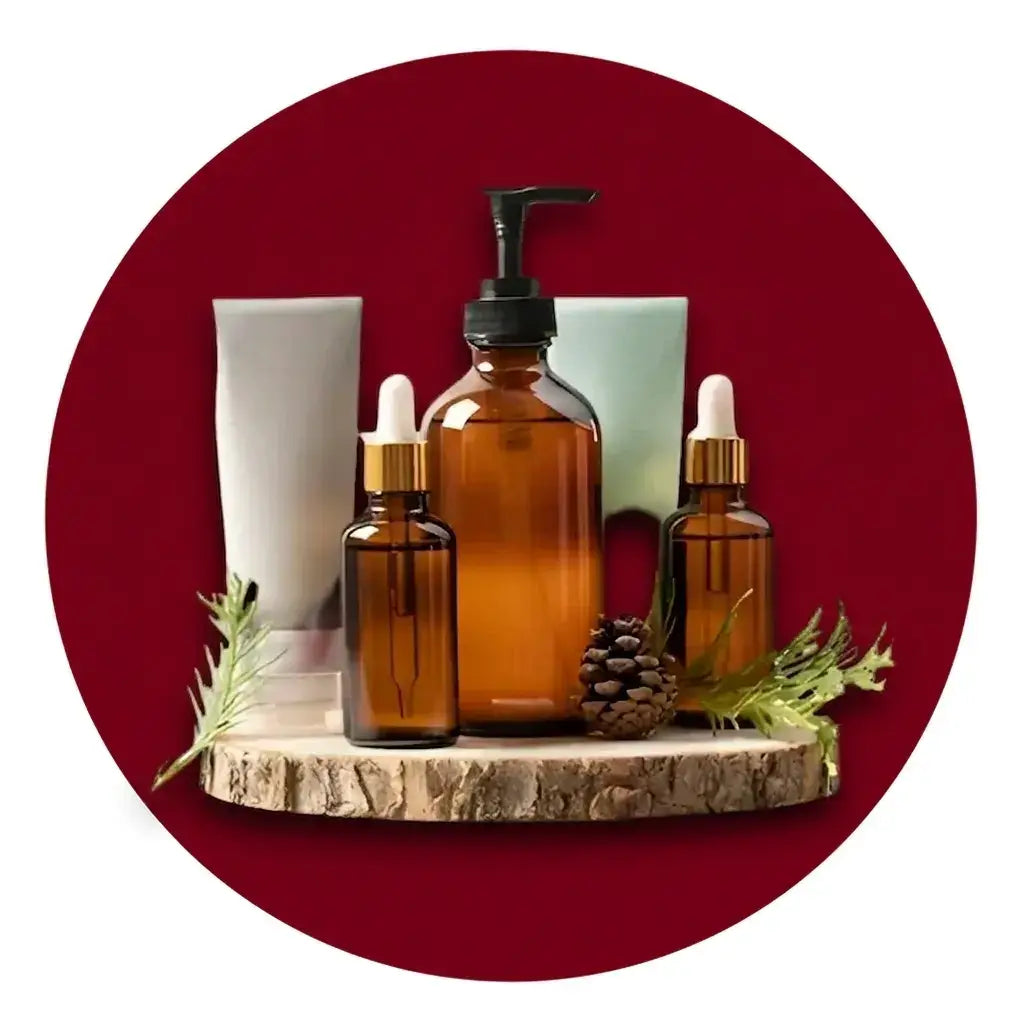 Set of skincare products including bottles and a pump on a wooden platform with a red background